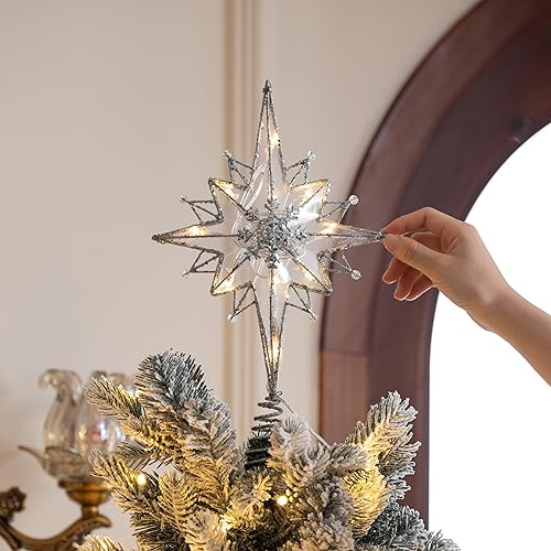 Valery Madelyn Étoile Sapin de Noël en Métal et Plastique, Topper Sapin de Noël Argent, Haut de Sapin de Noël Traditionnel, Pointe de Sapin à Piles(Non Inclus) 10 LED Jaunes Chaudes Illuminées 34cm - Nail Gallerys