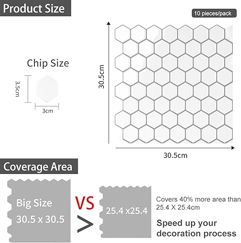 WoStick 10 Pcs Sticker Carrelage Adhesif Mural 3d Autocollant Hexagone Credence Adhesive pour Cuisine Salle de Bain (30.5x 30.5cm) - Nail Gallerys