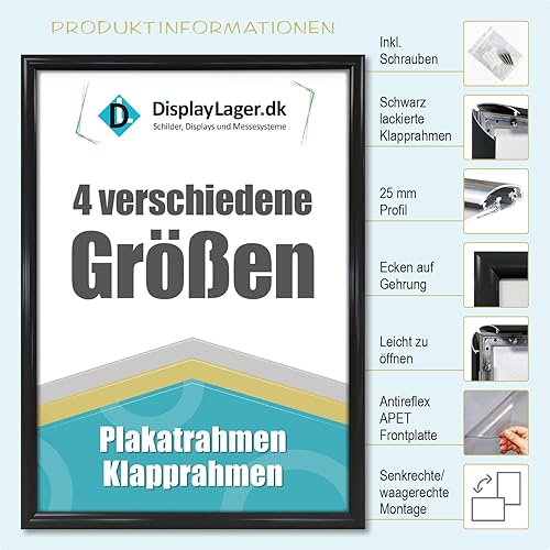 DisplayLager - 5 Cadre à Clipser A1, 5 pièces, Noir | Cadre pour Affiches avec Profil en Aluminium argenté de 25 mm | avec vitre de Protection antireflet et matériel de Fixation - Nail Gallerys