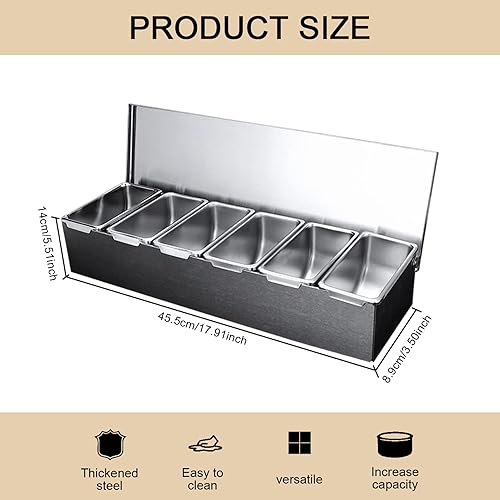 Organisateur de condiments à 6 compartiments, station de garniture à pizza 18 x 4 x6 Conteneur rangement pizza en acier inoxydable avec paupières détachables pour le restaurant domestique - Nail Gallerys