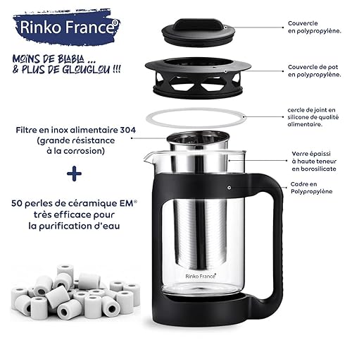 RINKO FRANCE |Carafe d'Eau 1,5 L avec 50 Perles de Céramique EM 100% Purification Naturelle de l'eau Potable| Billes Argile Filtrante Anti Calcaire, Chlore avec Pince en Bambou et E-Book offert - Nail Gallerys