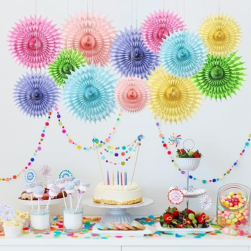 Bestofun Lot de 12 éventails en papier pastel - Bleu clair - Pompons - Fleurs jaunes et vertes - Guirlande de fleurs suspendues - Rose clair - Violet clair - Décoration pour anniversaire, mariage - Nail Gallerys