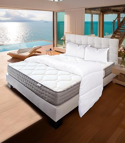 Luxury Literie Ensemble Matelas 160x200 cm, Zen, 20 cm, Ferme, Face été/Hiver + sommier Gris ep20cm + 2 oreillers + Couette + Tête de Lit - Nail Gallerys