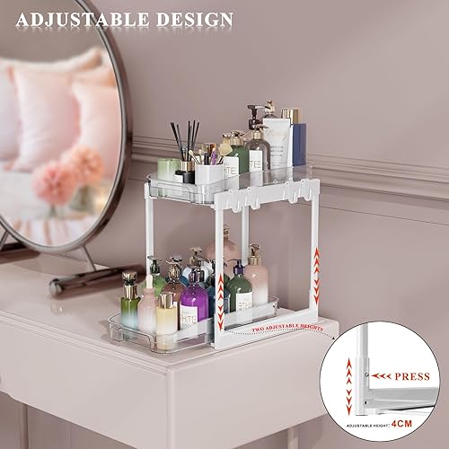 GUOMIS Rangement Sous Évier, Rangement Placard Cuisine a Deux Niveaux Avec Tiroirs Coulissants, Avec 4 Crochets et 1 Panier Suspendu,Convient pour la Cuisine, la Salle de Bains, Blanc. - Nail Gallerys