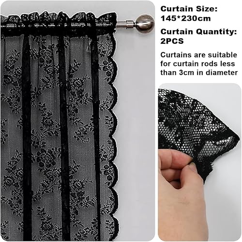 EUIEUT 2 PCS Rideaux en Dentelle Noir 145*230cm, Rideaux en Voile Noir Rideaux Transparents en Dentelle, Rideaux en Dentelle Gothique, Rideau Voilage Noir pour Porte, Fenêtre, Décoration, Photo (Noir) - Nail Gallerys