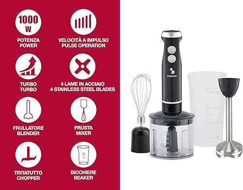 BEPER P102FRU151 Mixeur plongeant 4 en 1, mixeur multifonction avec hachoir de 500 ml, fouets, verre de 700 ml, 4 lames en acier inoxydable, mixeur turbo et pulsé, accessoires amovibles, 1000 W - Nail Gallerys