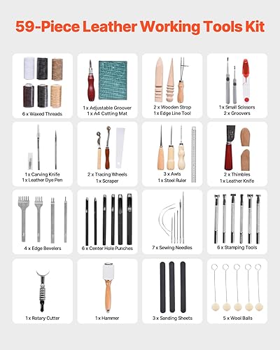VEVOR Kit de travail du cuir, 61 pièces, outils d'artisanat du cuir avec sac de rangement en toile, pour gravure, poinçonnage, couture, estampage, découpe, pour débutants, bricoleurs et professionnels - Nail Gallerys