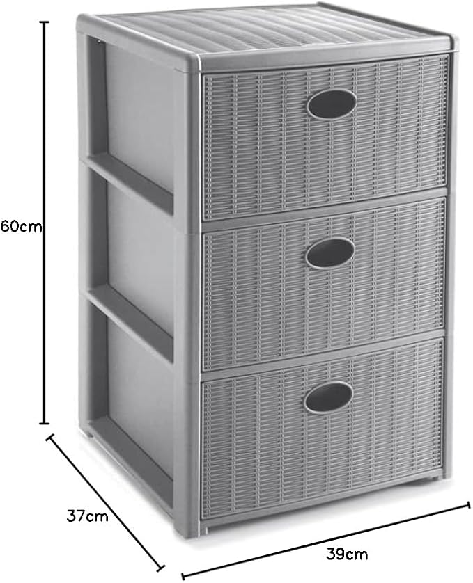 Stefanplast Elegance Commode en rotin 3 tiroirs, gris, 39 x 37 x 60 cm - Nail Gallerys