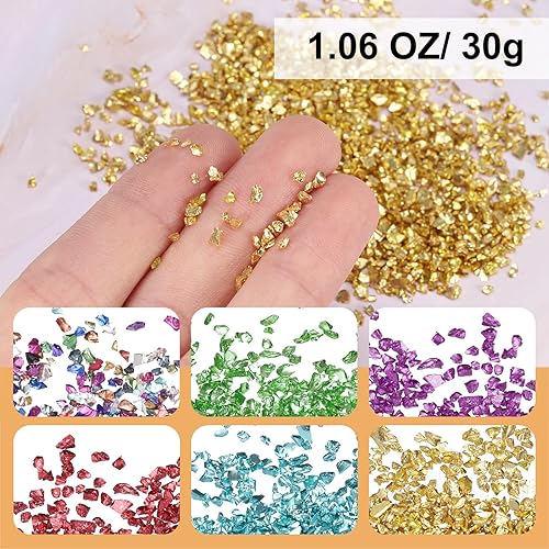 QUARKZMAN 6 Couleurs Verre A Écraser Paillettes 2-4mm Irrégulier Éclats Paillettes Métallique Grosse Paillettes Pierres (Or/Bleu/Lavande/Vert/Mixte Couleur/Rouge, 1,06oz/30g) - Nail Gallerys