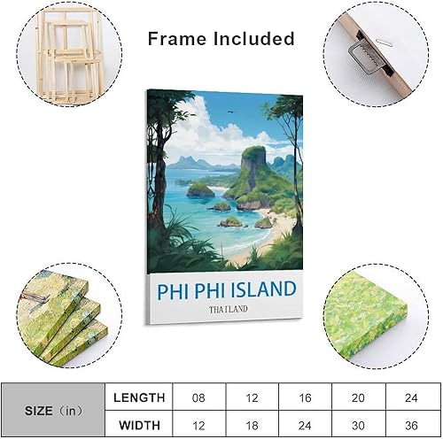 Ndoud Affiche de voyage vintage de l'île de Phi Phi Thaïlande, 20 x 30 cm, décoration murale, peinture sur toile, pour salon, décoration d'intérieur - Nail Gallerys