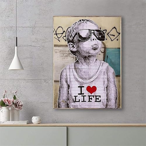 Banksy I Love Life Street Wall Graffiti Art Toile Peintures Garçon avec des lunettes de soleil Art abstrait Impressions sur toile pour chambre d'enfants Sans cadre, 1 Pièce - Nail Gallerys