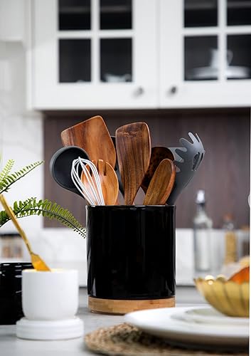 Nucookery Porte-ustensiles de cuisine rotatif à 360°, 18,3 cm, organiseur d'ustensiles de cuisine en céramique avec fond en liège de protection pour plan de travail, décoration de Noël (noir pierre) - Nail Gallerys