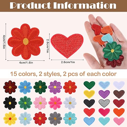 Lot de 60 écussons thermocollants à thermocoller au fer à repasser, motif fleurs et cœurs, jolis mini cœurs, marguerites, fleurs, cœurs, petits écussons brodés colorés pour vêtements, jeans, vestes - Nail Gallerys