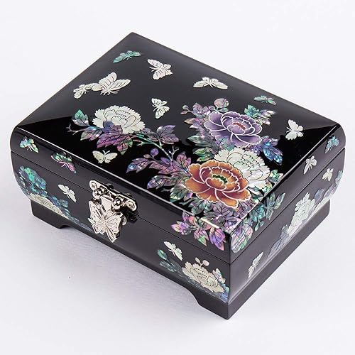 Antique Alive Boîte à bijoux en nacre avec incrustations - Boîte à bijoux, souvenirs, trésors, boîte cadeau - Noir pivoine - Nail Gallerys