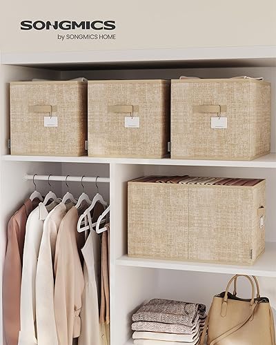 SONGMICS ROB450K01 Lot de 3 boîtes de rangement pliables en tissu pour armoire, 2 poignées, étiquette, pour chambre à coucher, salon, beige sable - Nail Gallerys