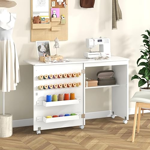 LIFEZEAL Table de Couture Pliable, Meuble Machine à Coudre Bois, Étagère, roulettes, 18 Crochets, 2 Plateaux, 116x40x76cm, Armoire Peu Encombrante, Blanc - Nail Gallerys