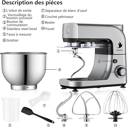 Nestling 5L Robot Pâtissier, Faible Bruit Batteur Électrique, 3 en 1 avec Batteur, Fouet and crochet pétrisseur, 6 Vitesses, avec Bol D'Acier inox Robot Multifonctionne 800W Gris - Nail Gallerys