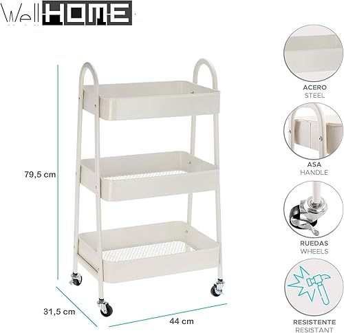 Well Home Chariot de Cuisine Blanc avec 3 paniers et roulettes H.79,5 cm - Nail Gallerys