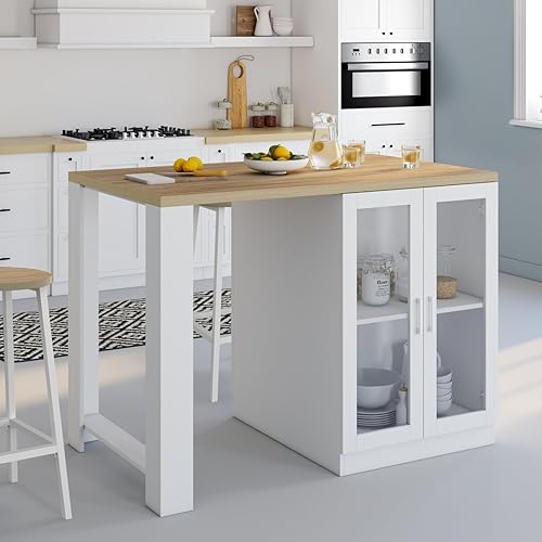 IDMarket - Ilot central LINO 120 cm 2 personnes bois blanc et plan de travail façon hêtre et portes vitrées - Nail Gallerys