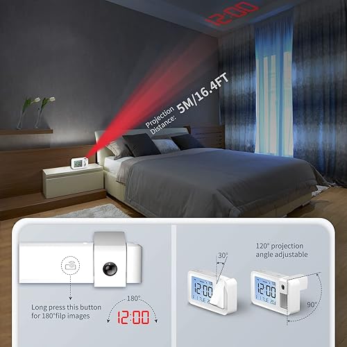 Réveil à Projection, Réveil Numérique avec Température Intérieure, 4 Niveaux de luminosité de Projection Ajustables, Volume à 2 Niveaux, Réglage 12 / 24H pour Chambre à Coucher, Bureau (Blanche) - Nail Gallerys