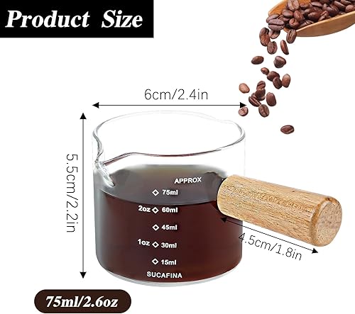 4 Pièces Tasses à Mesurer en Verre à Expresso avec Poignée en Bois, Tasse à Expresso à Double Bec avec Double Graduation, Tasse à Café en Verre à Expresso Verres Doseurs à Double Bec pour Café Lait - Nail Gallerys