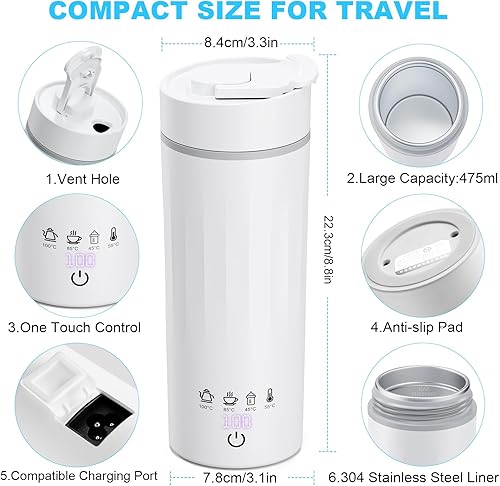Flintronic Bouilloire Electrique Portable, 3 en 1 Mini Bouilloire, 380ML Bouilloire, Mug de Voyage Chauffant, Bouilloire en Acier Inoxydable pour Thé Lait Café (Blanc) - Nail Gallerys
