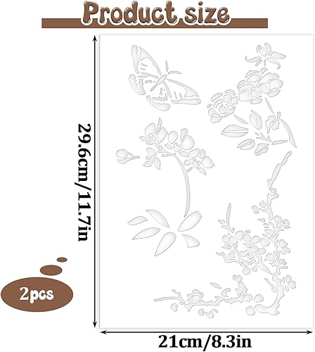 GEEHUA Lot de 2 grands pochoirs de peinture murale réutilisables de taille A4 - Motif : branches et papillons - Pour peinture sur bois, murs, toile, tissu - Nail Gallerys