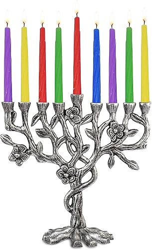 Arbre de Vie Hanukkah Menorah Set - Ensemble Antique Menorah Hanouka Chandelier - Petite Menorah 9 Branches, Bougies, Dreidels, Jouer de l'argent Et Instructions pour La Fête De Hanoucca - Nail Gallerys