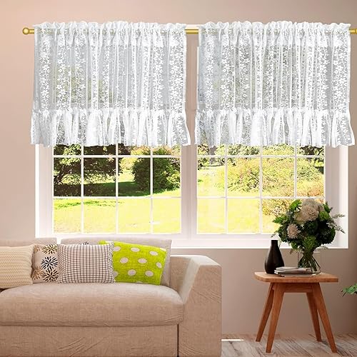 Dsnyu Lot de 2 rideaux brise-bise - Motif floral - Dentelle blanche - Style maison de campagne - Sans perçage - Polyester semi-transparent - Pour chambre à coucher, salon - 60 x 150 cm (H x l) - Nail Gallerys