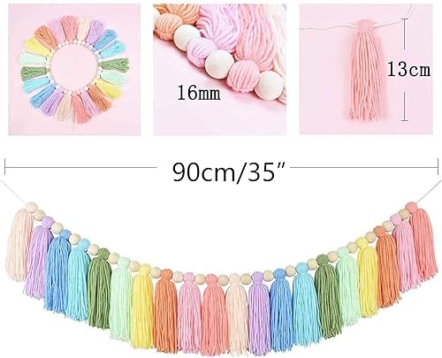 ieron Guirlande de pompons en coton arc-en-ciel - Toile de fond pastel colorée bohème - Décoration murale pour chambre d'enfant, chambre à coucher, anniversaire, fête de Noël - Nail Gallerys