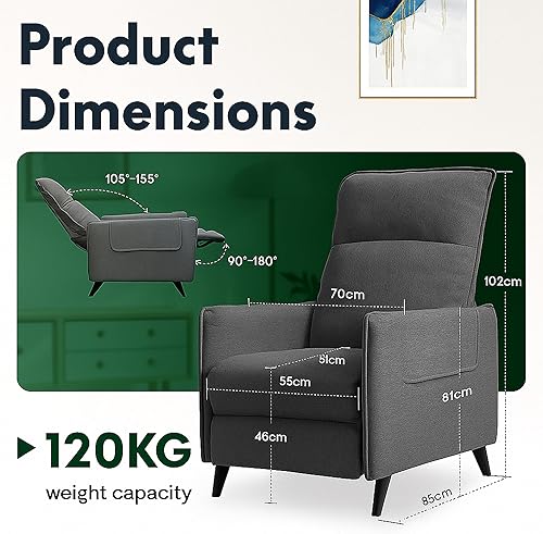 FLEXISPOT Fauteuil Relax, Pushback, Fauteuil TV Inclinable avec Dossier Réglable Jusqu'à 155°, Fauteuil de Couchage Manuellement avec Repose-Pieds dans Le Salon, Chambre, Gris - Nail Gallerys
