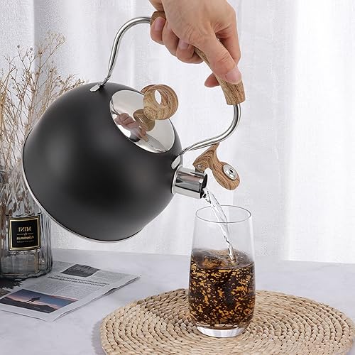 Natudeco Bouilloire à sifflet 2,5 litres 23,3 oz Récipient à eau bouillante Théière en acier inoxydable avec poignée Anti-brûlure Durable pour cuisinière électrique Cuisinière à gaz(le noir) - Nail Gallerys