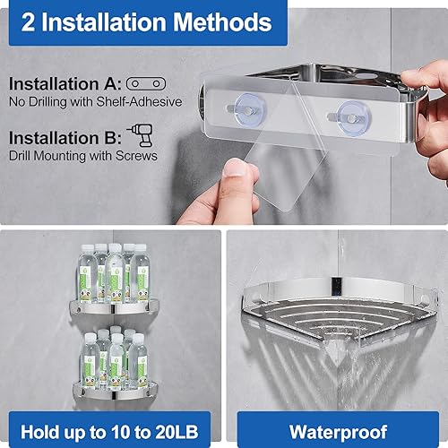 Hoomtaook Etagère Douche d'angle sans Perçage,Rangement Salle de Bain Douche Accessoire Salle de Bain Support Porte Savon Douche Antirouille Acier Inoxydable SUS304 Lot de 2 Pièces Crochets, Argent - Nail Gallerys