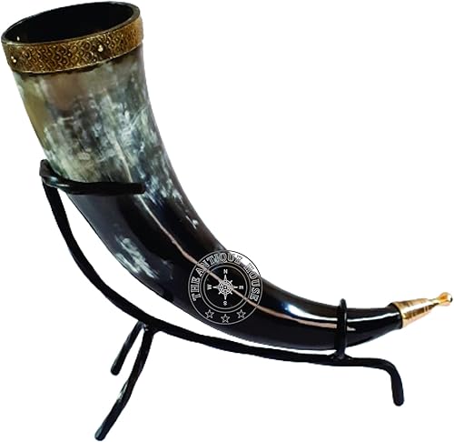 THE ANTIQUE HOUSE Gobelet viking médiéval en corne de bœuf - Tasse à bière - Avec table de bureau - Support en fer - Nail Gallerys