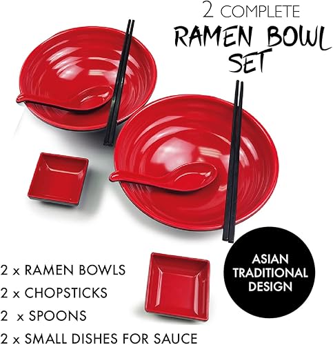BALIBETOV Bol Ramen Set - Comprend des Bol Japonais en Mélamine, Baguettes, Cuillère et Petit Plat Pour Sauce - Idéal pour Ramen Japonais, Soupe Chinois ou Soupe Pho- 2 sets,8 pcs (Rouge, 2) - Nail Gallerys