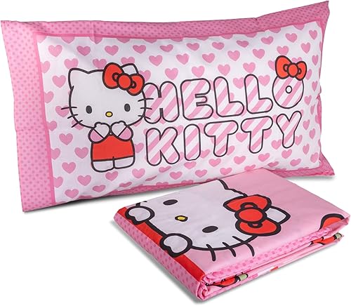 hermet Hello Kitty Parure de lit 1 Place, Drap Plat, Drap Plat, taie d'oreiller, Rose, 100% Coton, Produit Officiel - Nail Gallerys