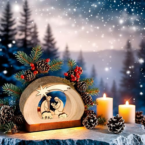 Kaltner Präsente - Crèche de Noël en bois - Avec Jésus, Marie et l’enfant dans un tronc d'arbre avec écorce - Idée cadeau - Nail Gallerys