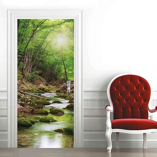 ZHIDAOLA JFEDMN Stickers Porte Poster 3d - 90x210cm Paysage de rivière forêt verte Papier Peint Trompe l'oeil pour Salon Chambre Décoration La Maison Muraux Auto-adhésif Amovibles - Nail Gallerys
