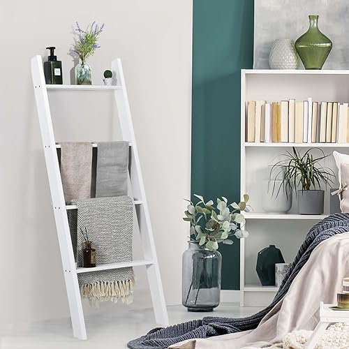LIFEZEAL Porte-Serviettes Échelle à 4 Niveaux, Échelle à Vêtements en Bois de Pin,137 x 50 x 7,5 cm, Échelle Salle de Bain, Salon, Gain de Place (Blanc) - Nail Gallerys
