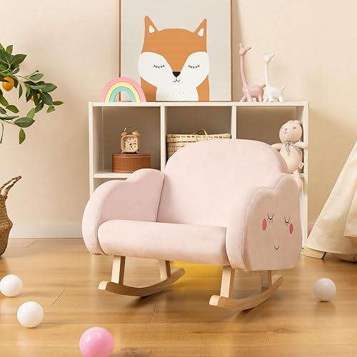 GOPLUS Fauteuil à Bascule Enfant, Fauteuil Rembourré en Éponge avec Pieds en Bois Massif & Patins Antidérapants, Chaise à Bascule en Velours avec Accoudoirs, Cadeau pour Enfants 3-5 Ans, Rose - Nail Gallerys
