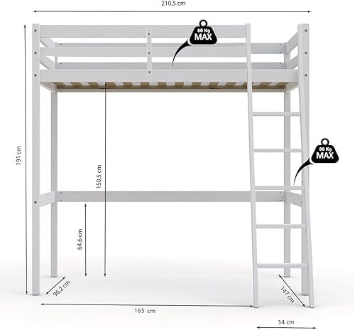 WEBER INDUSTRIES Lit Mezzanine Studio 90x200 + 1 sommier/Blanc - Nail Gallerys