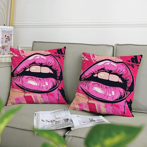 Lot de 2 housses de coussin décoratives modernes pour salon, canapé, canapé, motif lèvres de pêche, style pop art, 40,6 x 40,6 cm - Nail Gallerys