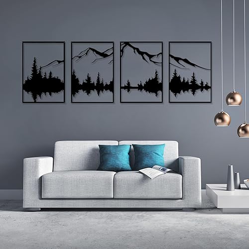 TECKZOON 4 Pièces Décoration Murale Metal Noir, Métal Forêt De Montagne Art Mural de Décoration, Grandes Montagnes Décoration Murale à Suspendre pour Maison, Salon, Chambre à Coucher, Bureau - Nail Gallerys