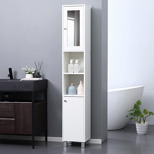 kleankin Meuble Colonne de Salle de Bain, Armoire Haute de Salle de Bain, Meuble de Rangement, 2 placards (1 avec Miroir), 6 niches, étagères réglables, 30 x 28 x 180 cm, Blanc - Nail Gallerys