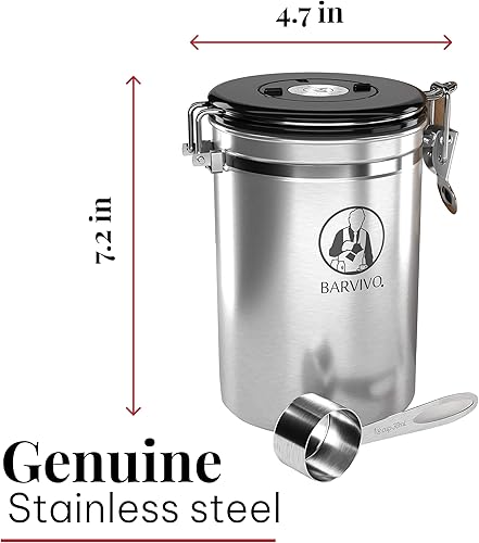 BARVIVO Boîte à café en acier inoxydable, Gardez vos grains de café et moulu frais pendant des mois – Récipient hermétique avec valve de dégagement de CO2, suivi de la date gravée & cuillère de mesure - Nail Gallerys