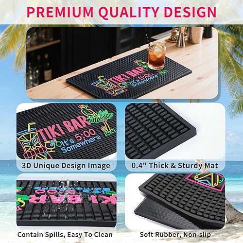 Grand tapis de bar Tiki pour comptoir de 55,9 x 35,6 cm en caoutchouc épais avec panneau « It's 5 O'Clock Somewhere » - Design unique hawaïen - Décorations de fête Luau - Tapis de séchage pour barman - Nail Gallerys