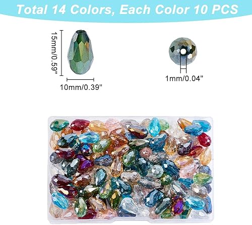 AHANDMAKER Lot de 140 perles en verre en forme de larme à facettes, 14 couleurs transparentes, perles de verre percées au centre pour loisirs créatifs, bijoux, colliers, bracelets, boucles d'oreilles, - Nail Gallerys