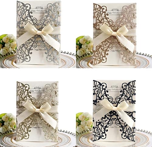 Lot de 10 cartes d'invitation de mariage, motif floral creux avec ruban pour fête prénuptiale, fêtes de fiançailles, comprend 10 couvertures + carte intérieure vierge + ruban (bleu pailleté) - Nail Gallerys