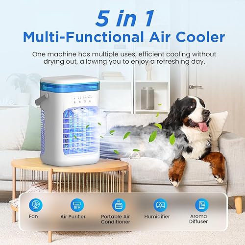 SWGOTA Climatiseur Mobile 1000 ml, Refroidisseur d'air 4 en 1, Climatiseur Portable avec 3 Vitesses, Veilleuse 7 Couleurs, Minuteur 2-4H, Ventilateur Brumisateur pour Chambre à Coucher, Bureau, Salon - Nail Gallerys