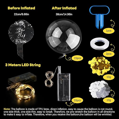 Lot de 15 ballons lumineux à LED de 38 cm - Ballons Bobo LED lumineux avec guirlande lumineuse LED de 3 m - Paillettes et rubans pour anniversaire, mariage (blanc chaud) - Nail Gallerys